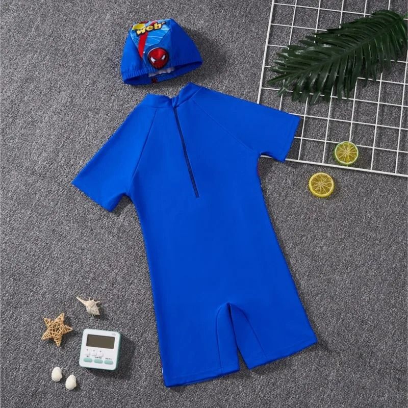 Baby Boy Swimsuit+Swimming Cap 2 Pcs Set Cartoon Iron Man Spiderman Frozen Elsa Print Children Beachwear