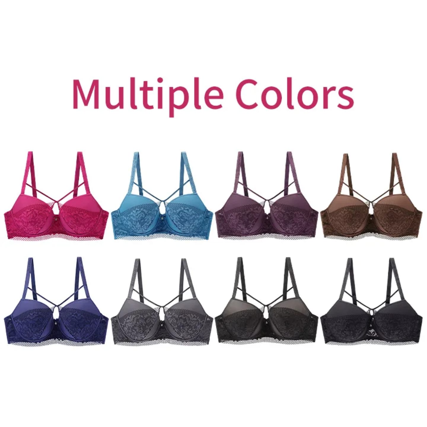 Lace Underwire Bra with Crisscross Detail – Slightly Padded Support – Assorted Colors – Sizes 36D to 42D – Adjustable Straps