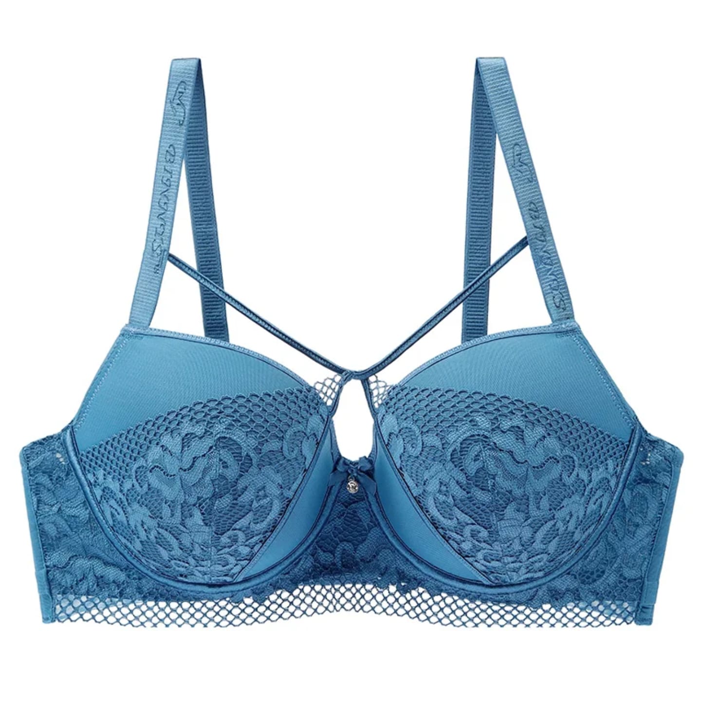 Lace Underwire Bra with Crisscross Detail – Slightly Padded Support – Assorted Colors – Sizes 36D to 42D – Adjustable Straps
