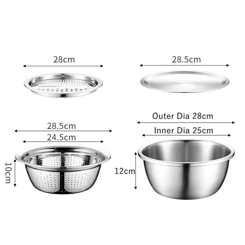 26cm 4PCS  Set 304 colander Stainless Steel Bowl with Lid, Kitchen Cooking Salad Mixing Bowls Set Washing Drain Basket Soup Basin Strainer