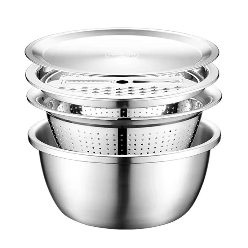 26cm 4PCS  Set 304 colander Stainless Steel Bowl with Lid, Kitchen Cooking Salad Mixing Bowls Set Washing Drain Basket Soup Basin Strainer