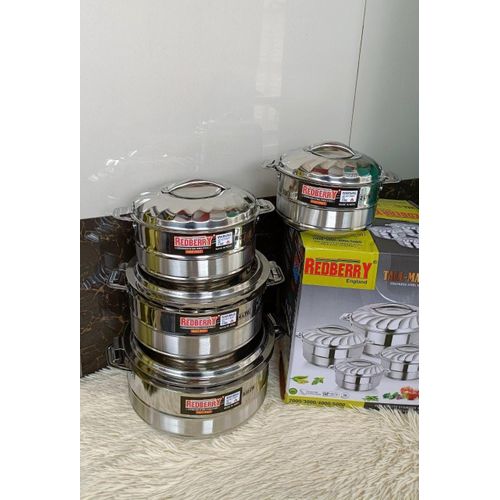 4 pcs Redberry Maximus Premier Range of Insulated Stainless Steel Hotpots Serving Dish Hot Pot Sereware Set Casserole Hotpot (1000, 1500, 2500 and 3500ML)