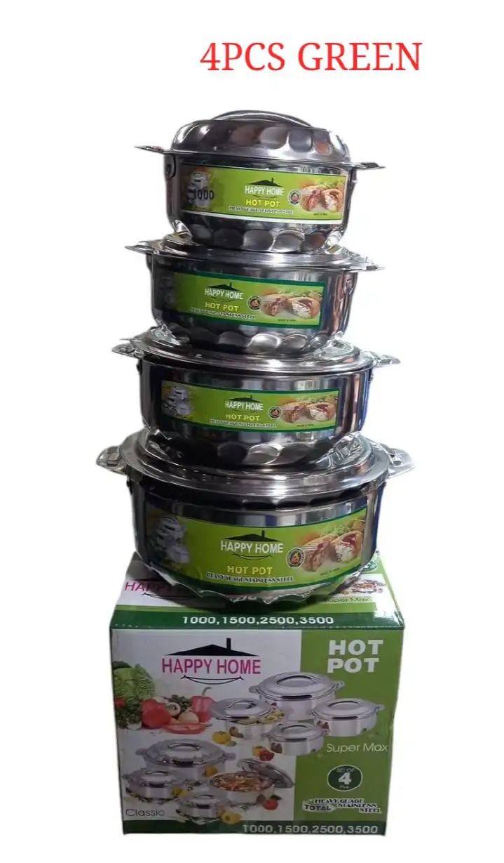 4 pcs Happy Home Hotpots Stainless steel Serving Dish Casserole Sereware Set Hot Pot Serveware Set Serve Hot or Cold Food (1000/1500/2500/3500ml
