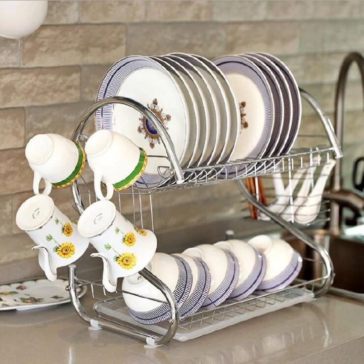2 Layer Stainless Steel Dish Rack 2 Tier Kitchen Utensils Organizer