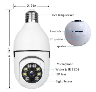 Smart Bulb Security Camera, 360° WiFi Pan-Tilt Light Bulb Camera with Night Vision