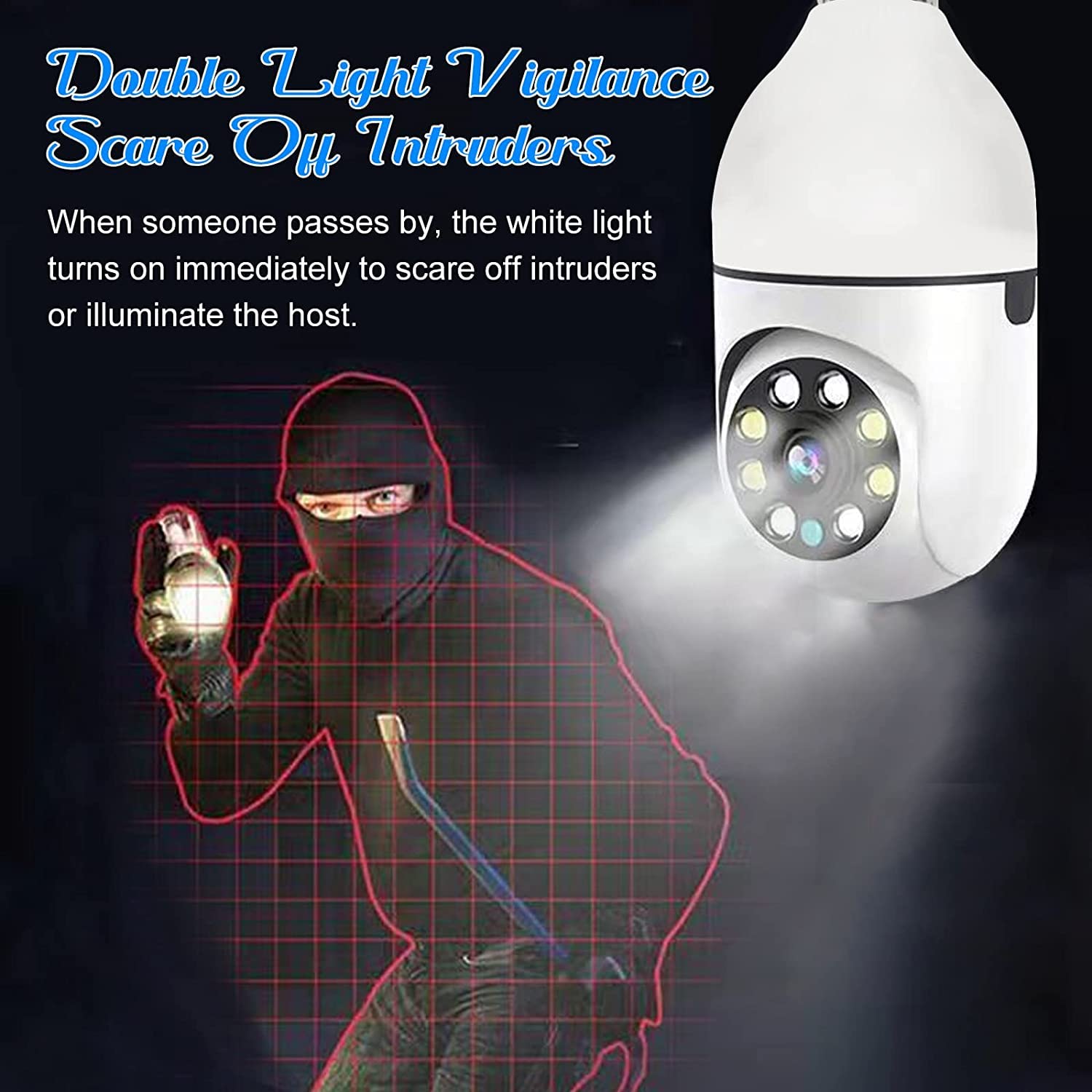 Smart Bulb Security Camera, 360° WiFi Pan-Tilt Light Bulb Camera with Night Vision
