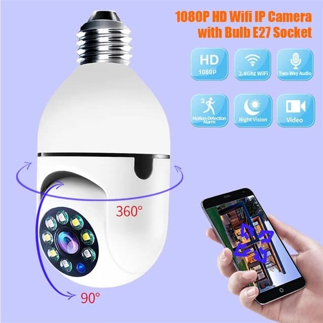 Smart Bulb Security Camera, 360° WiFi Pan-Tilt Light Bulb Camera with Night Vision