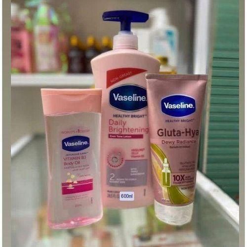Vaseline 3 In 1 Brightening Package: Intensive Care Vitamin B3 Body Oil 200ML + Daily Brightening Even Tone Lotion 400ML+ Gluta-Hya Dewy Radiance Serum Burst Lotion