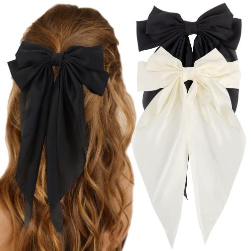 2pcs Silky Satin Hair Bows Big Hair Bows Hair Ribbons Long Tail Bow Hair Clips Bowknot Tiktok wedding/bride/party women girls Hair Accessories