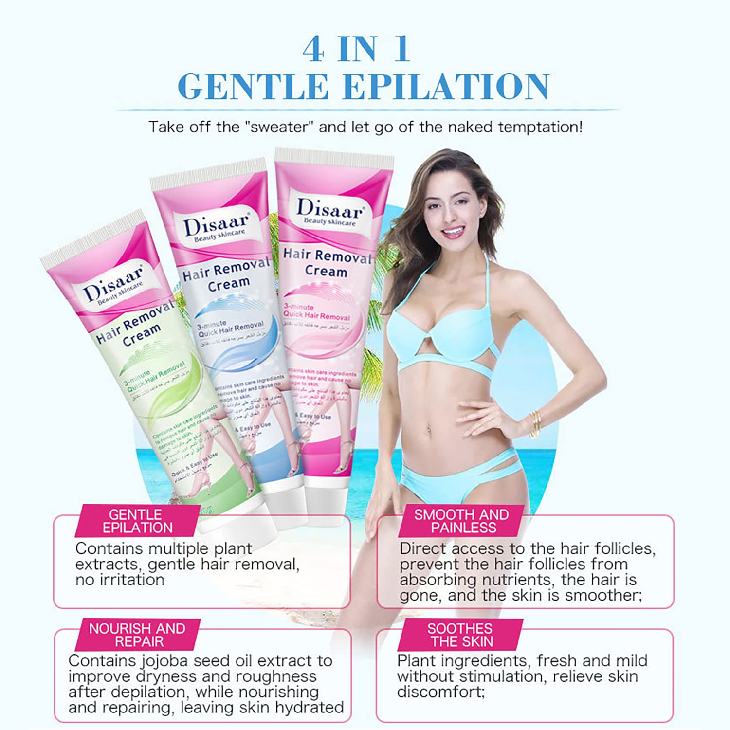 DISAAR BEAUTY 3-Minute Quick Hair Removal Cream for Smooth Skin, Sensitive Skin, Face, Armpits, Legs, Arms, Bikini Area - 100g/3.5oz