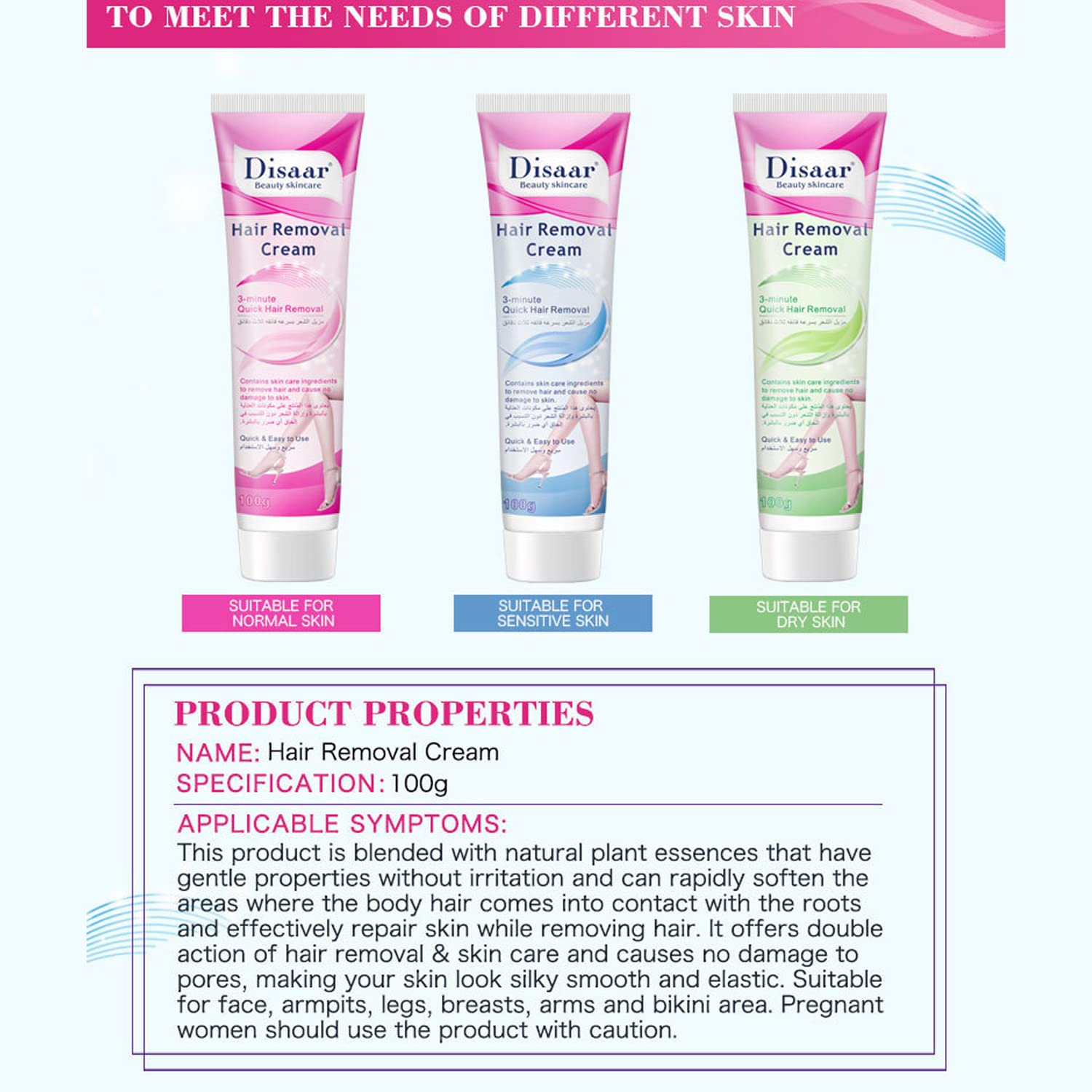 DISAAR BEAUTY 3-Minute Quick Hair Removal Cream for Smooth Skin, Sensitive Skin, Face, Armpits, Legs, Arms, Bikini Area - 100g/3.5oz