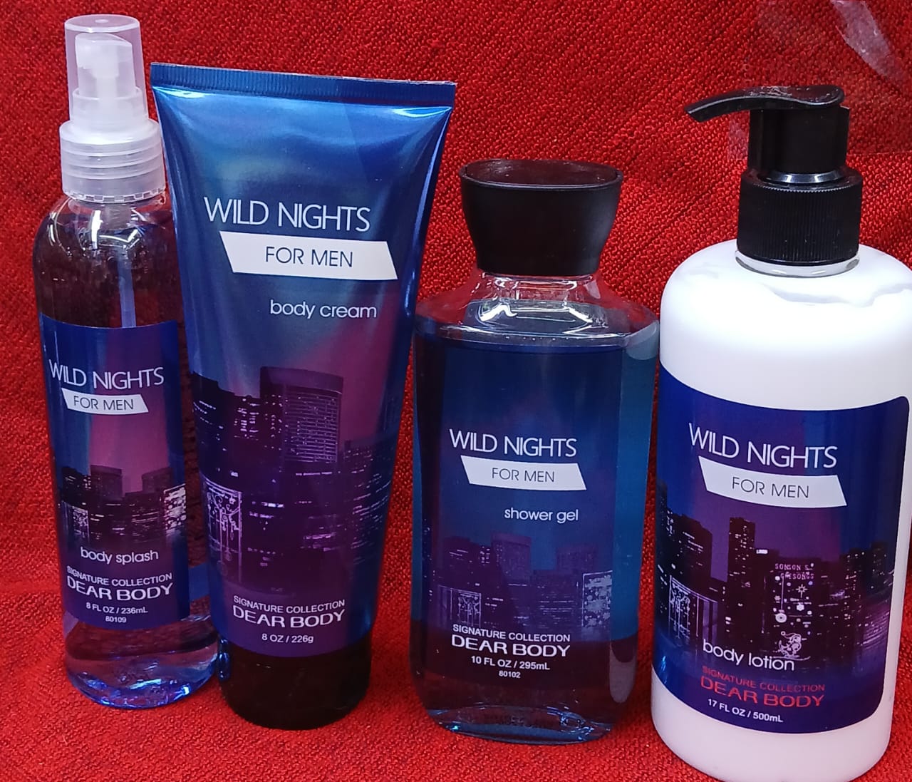 4 Pack Wild Nights For Men Body Luxuries Set Body Washes Set 4 in 1 Shower Gel, Splash, Lotion and Cream Fresh Scent Keep Fresh Body Washes Leaves The Skin Glowing Skin Care Body Signature Collection