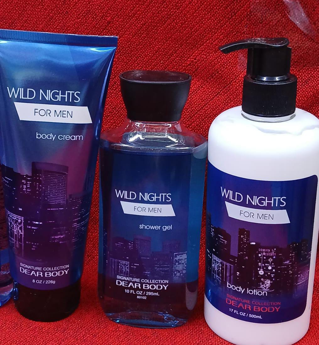 3 Pack Wild Nights For Men Body Luxuries Set Body Washes Set 4 in 1 Shower Gel, Lotion and Cream Fresh Scent Keep Fresh Body Washes Leaves The Skin Glowing Skin Care Body Signature Collection