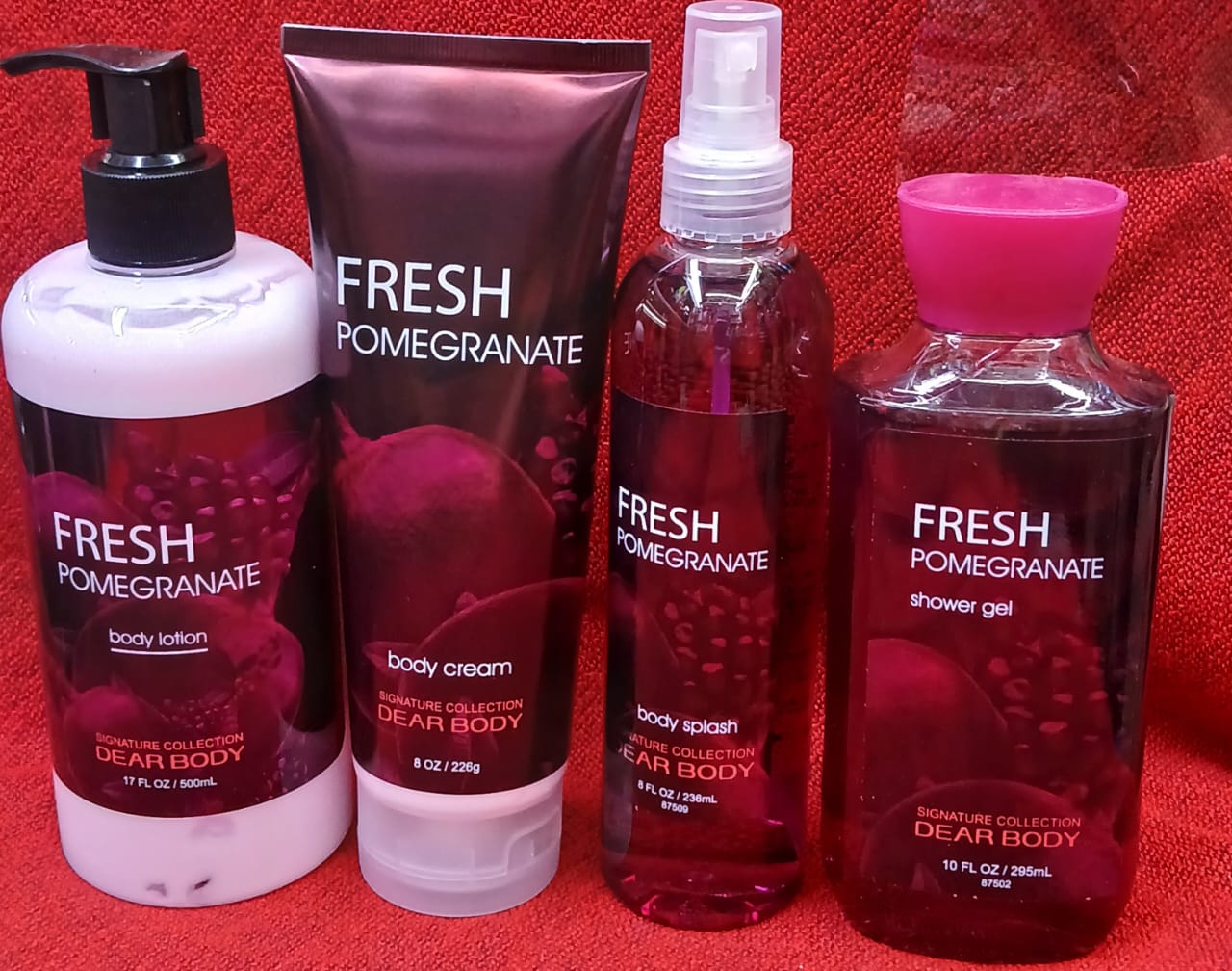 4 Pack My Dear Body Fresh Pomegranate Shower Gel, Body Spash, Body Cream and Body Lotion Sweet Fresh Scent Keep Fresh Body Lotion Shower Gel Skin CareSignature Collection Body Luxuries