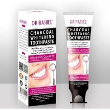 The image shows a package and a tube of Dr. Rashel Charcoal Whitening Toothpaste. /Stain REMOVER And Odour Removal Toothpaste For Smokers