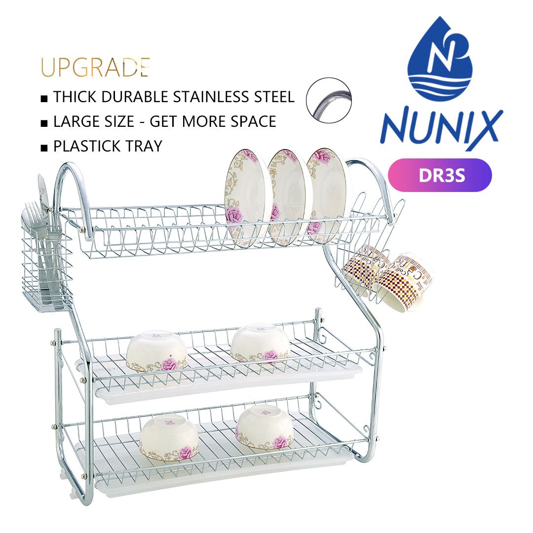 Nunix 3 Tier Dish Rack Kitchen Utensils Organizer and Drainer 3 Layers Stainless Steel Rackess Steel Rack, Easy to clean, Easy to assemble, Shiny  drying rack for utensils, Attaches easily to folding