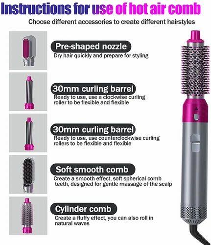 TP-5+1 Electric 5in1 hot air styler (1kw).Comfortable ergonomic handle and a 6.5ft long 360° swivel cord, ALCI & UL safety plug, and overheating protection, making the hair brush safe and easy to use.