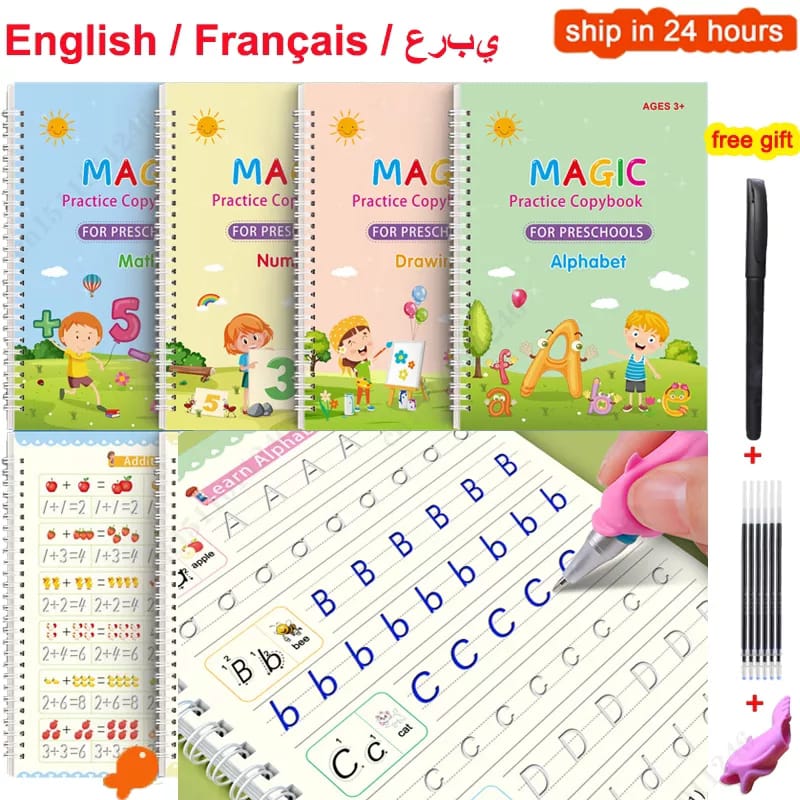 4 Kids Magic Practice Books set of 4. Maths,alphabet,numbers, drawing also comes with 1 pen, 4 pen refills and pen holder.Great for Calligraphic Letter Writing. English handwriting pen copybook