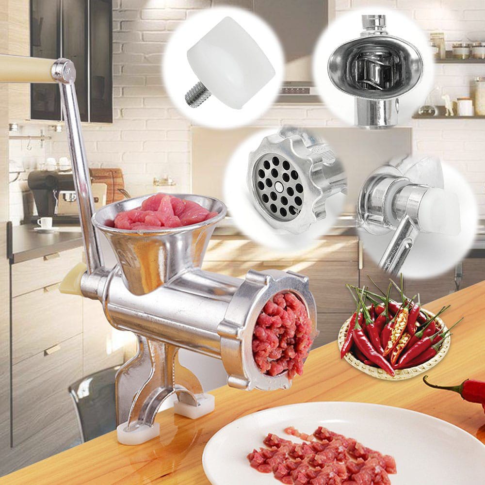 Heavy Duty 10 inch Manual Aluminium Meat Mincer,Ergonomically designed crank handle turns effortlessly. Clamp on style easily attaches to any counter top. Disassembles for quick & easy clean-up Quick