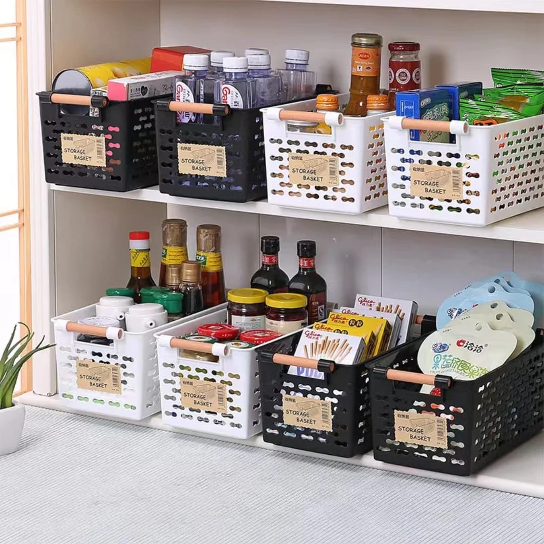 Multipurpose Pantry Storage Baskets Organizer.It is made of environmental friendly Plastic material, two-sided portable design. It is convenient for daily storage so that the kitchen and pantry is org