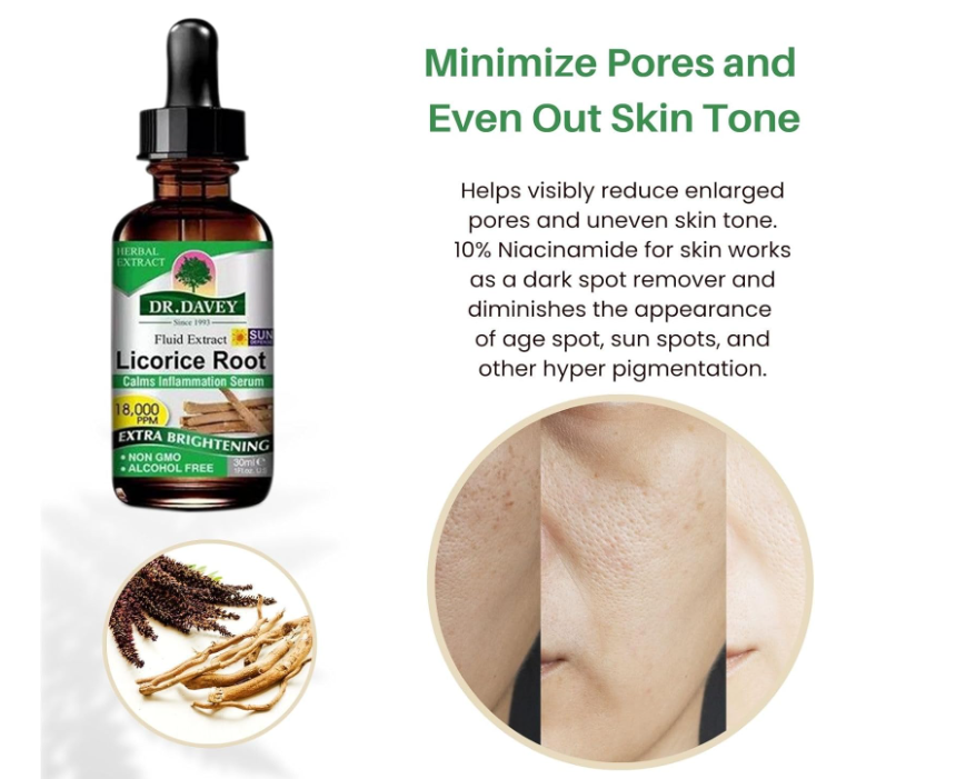 Dr.Davey Licorice Root Serum - For Skin Acne Anti Aging Face Eye Serum With Vitamin B3 Brightening - For Dark Spots Even Skin Tone Area Fine Lines Wrinkles - GMPC Certified - 30ml
