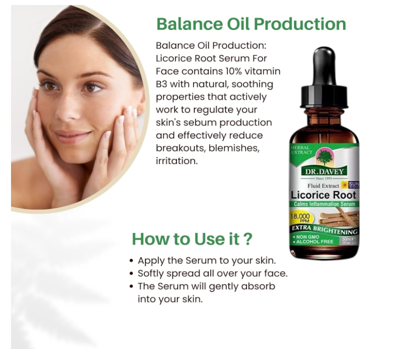 Dr.Davey Licorice Root Serum - For Skin Acne Anti Aging Face Eye Serum With Vitamin B3 Brightening - For Dark Spots Even Skin Tone Area Fine Lines Wrinkles - GMPC Certified - 30ml