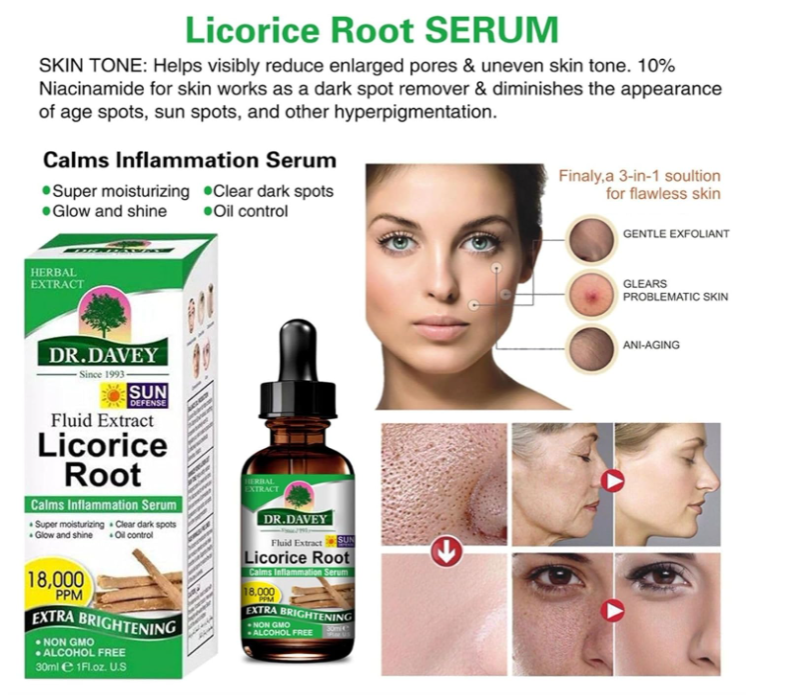 Dr.Davey Licorice Root Serum - For Skin Acne Anti Aging Face Eye Serum With Vitamin B3 Brightening - For Dark Spots Even Skin Tone Area Fine Lines Wrinkles - GMPC Certified - 30ml