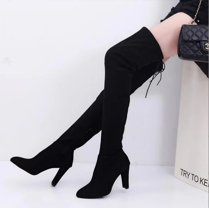 Autumn and winter large size over the knee women's boots high heels round head frosted side zip women's boots