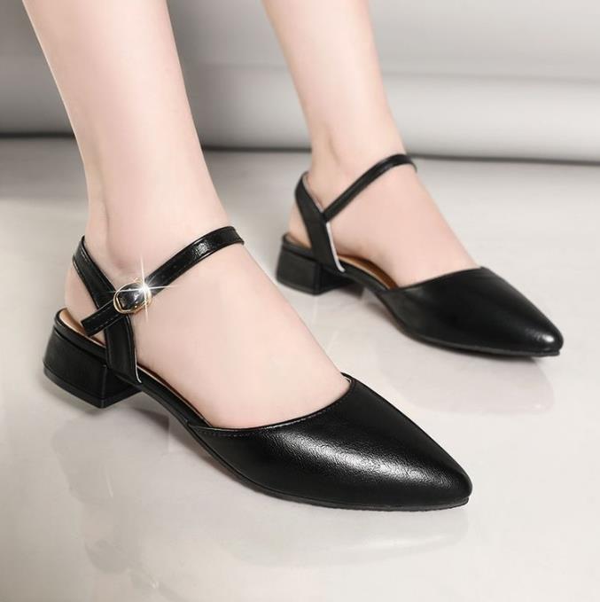 Women's Sandals Fashion Pointed Toe Chunky Heel One Buckle Strap Women's Shoes