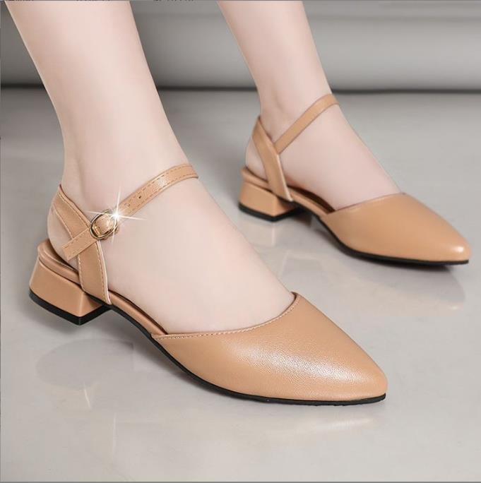 Women's Sandals Fashion Pointed Toe Chunky Heel One Buckle Strap Women's Shoes