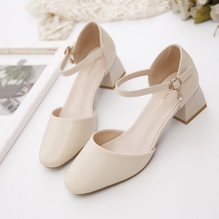 Women's high heels chunky heel square head hollow women's sandals