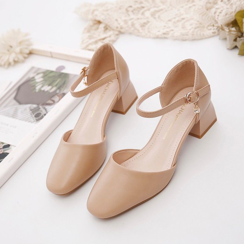 Women's high heels chunky heel square head hollow women's sandals