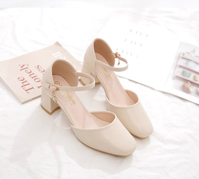 Women's high heels chunky heel square head hollow women's sandals
