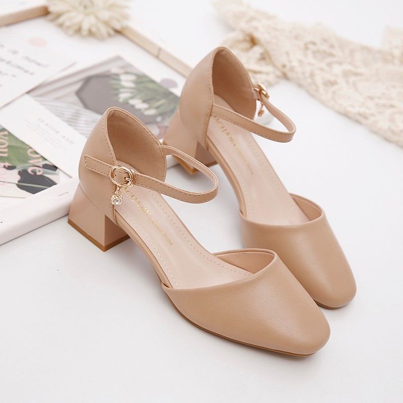 Women's high heels chunky heel square head hollow women's sandals