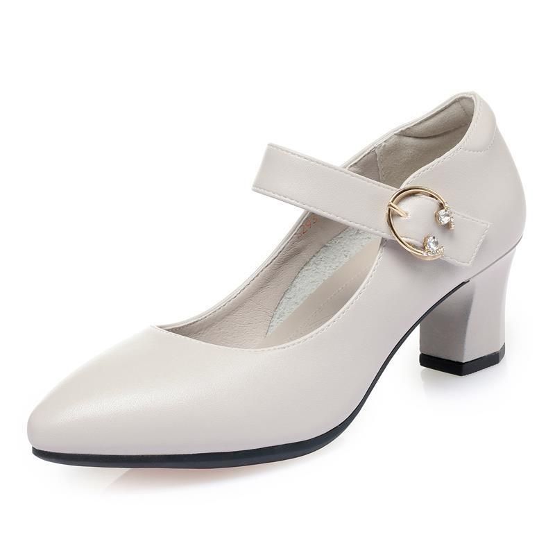 Spring and Autumn Women's Single Shoes Soft Bottom Chunky Heel One Buckle High Heels Middle Heel Round Head Ladies Leather Shoes