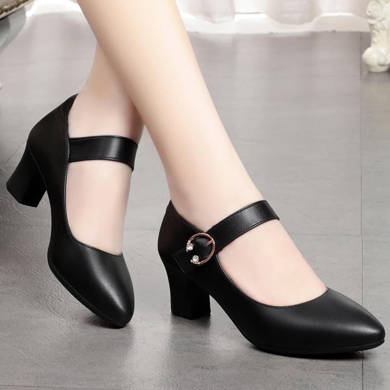 Spring and Autumn Women's Single Shoes Soft Bottom Chunky Heel One Buckle High Heels Middle Heel Round Head Ladies Leather Shoes
