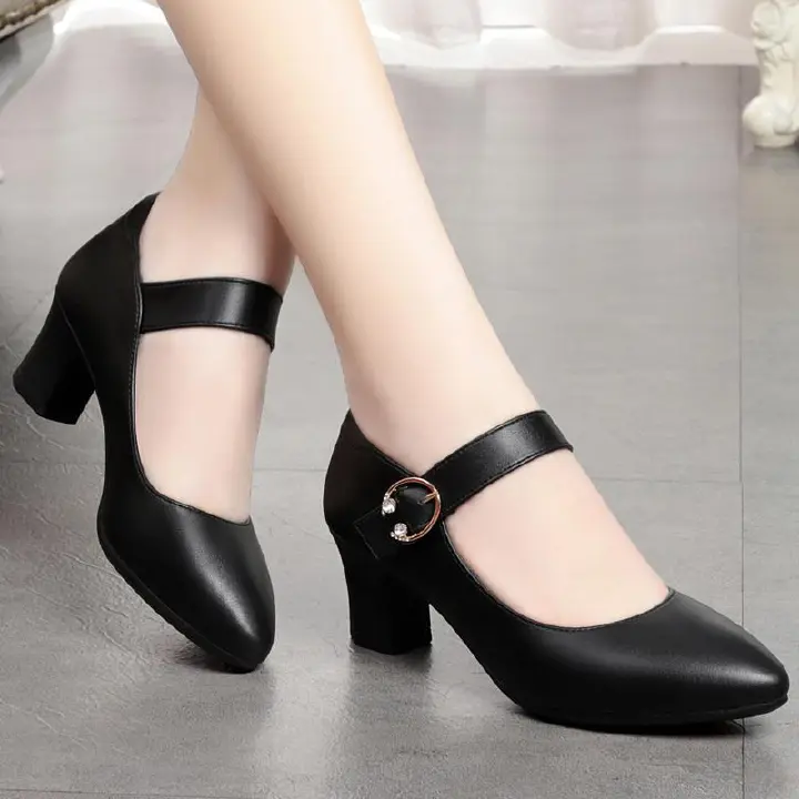 Spring and Autumn Women's Single Shoes Soft Bottom Chunky Heel One Buckle High Heels Middle Heel Round Head Ladies Leather Shoes