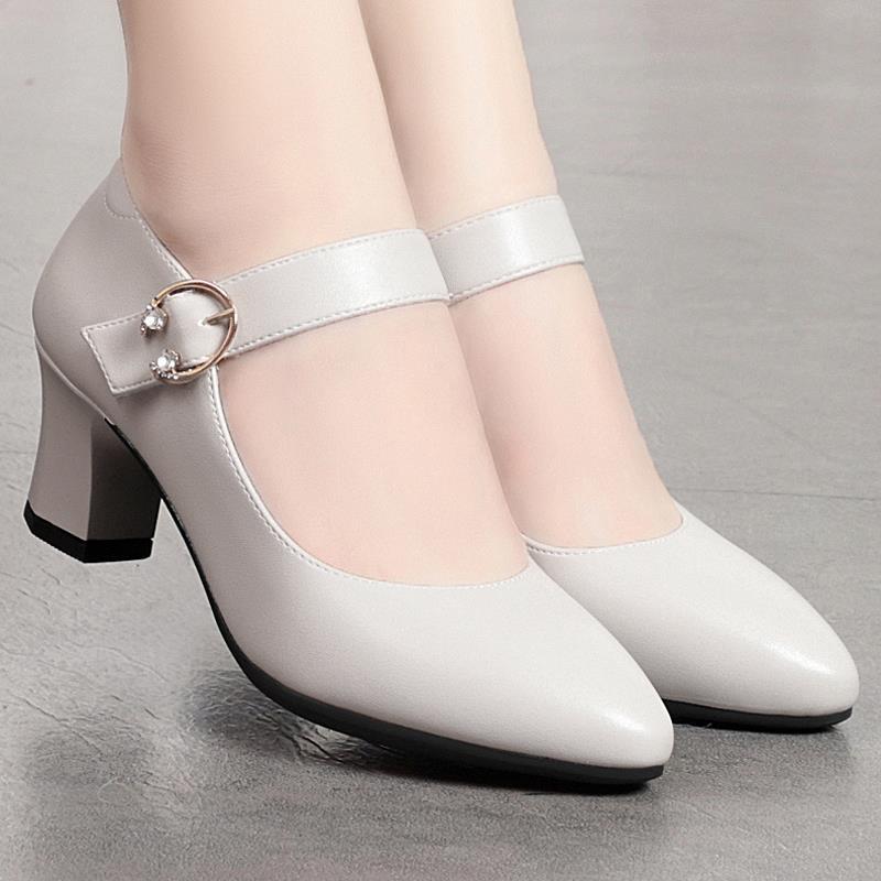 Spring and Autumn Women's Single Shoes Soft Bottom Chunky Heel One Buckle High Heels Middle Heel Round Head Ladies Leather Shoes