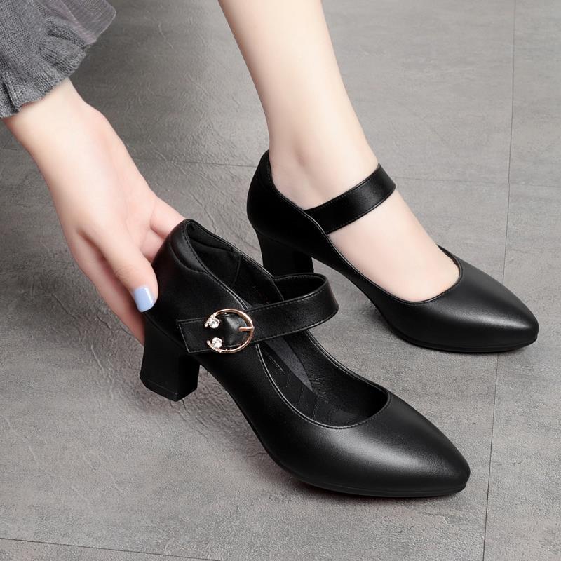 Spring and Autumn Women's Single Shoes Soft Bottom Chunky Heel One Buckle High Heels Middle Heel Round Head Ladies Leather Shoes