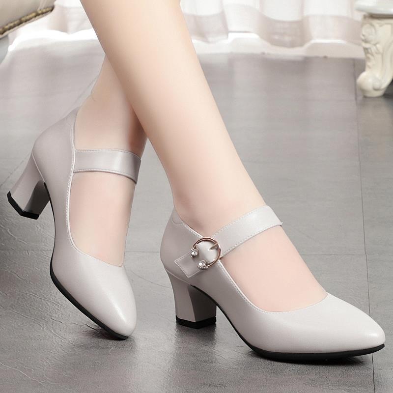 Spring and Autumn Women's Single Shoes Soft Bottom Chunky Heel One Buckle High Heels Middle Heel Round Head Ladies Leather Shoes