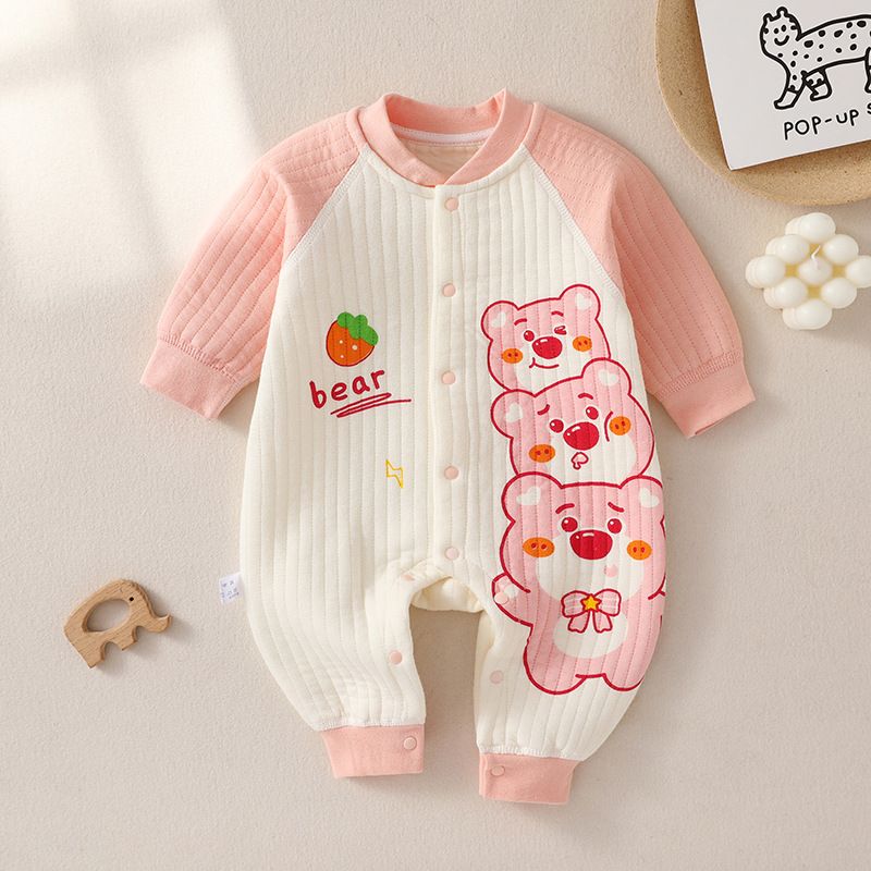 Baby jumpsuit autumn and winter pure cotton three-layer warm jumpsuit boneless craft baby thick climbing suit