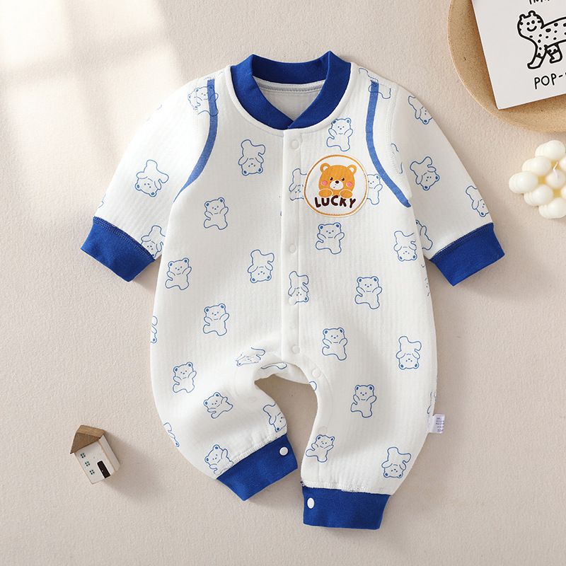 Baby jumpsuit autumn and winter pure cotton three-layer warm jumpsuit boneless craft baby thick climbing suit