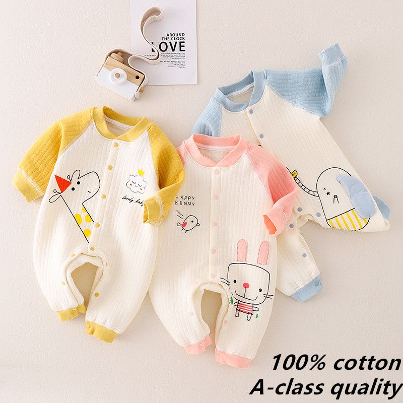 Baby jumpsuit autumn and winter pure cotton three-layer warm jumpsuit boneless craft baby thick climbing suit