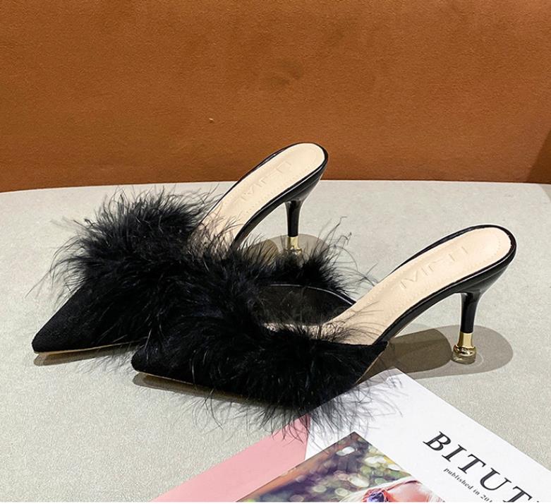 Women's high-heeled shoes fine heel hairy pointed head high-heeled slippers female external wear high-class sense of cool slippers