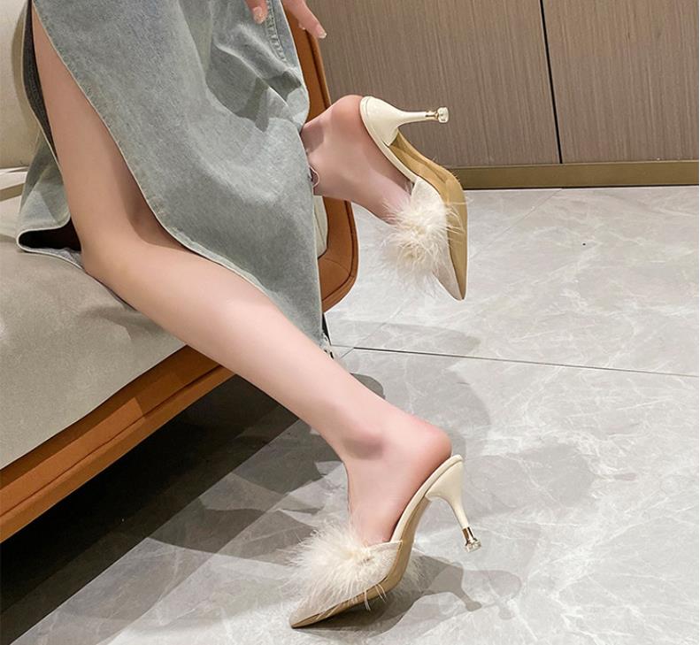 Women's high-heeled shoes fine heel hairy pointed head high-heeled slippers female external wear high-class sense of cool slippers