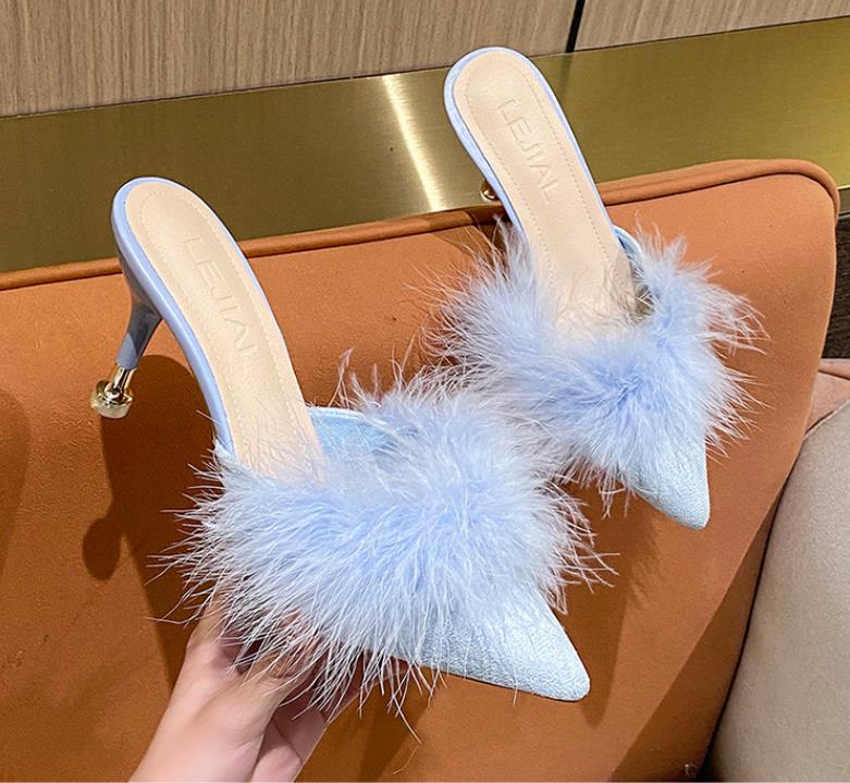 Women's high-heeled shoes fine heel hairy pointed head high-heeled slippers female external wear high-class sense of cool slippers