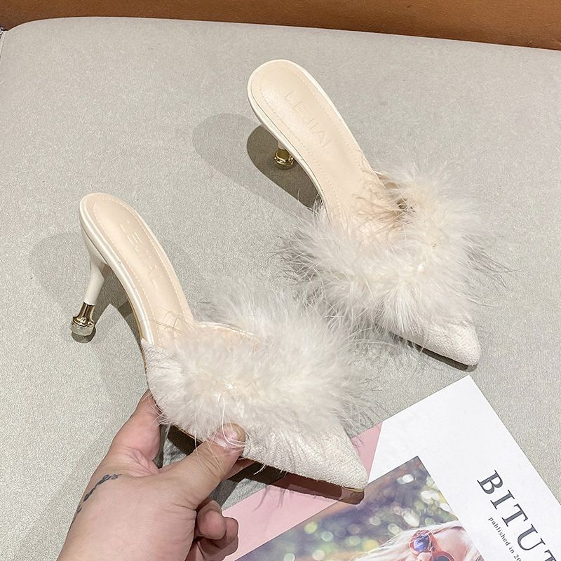Women's high-heeled shoes fine heel hairy pointed head high-heeled slippers female external wear high-class sense of cool slippers