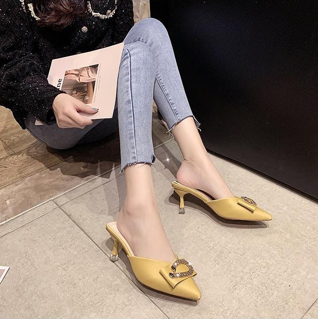 Slippers female external wear summer models high-heeled shoes pointed lady fine heeled sandals slippers rhinestone women's shoes