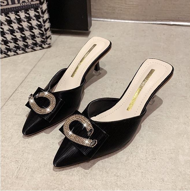 Slippers female external wear summer models high-heeled shoes pointed lady fine heeled sandals slippers rhinestone women's shoes
