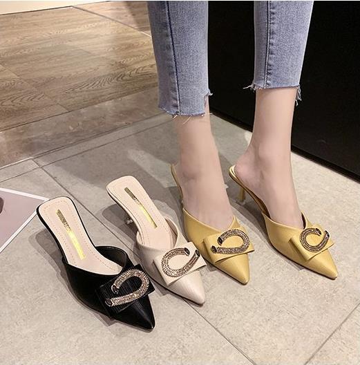 Slippers female external wear summer models high-heeled shoes pointed lady fine heeled sandals slippers rhinestone women's shoes